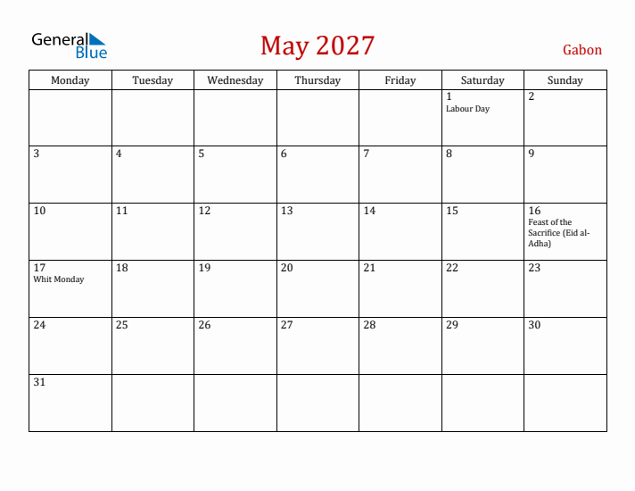 Gabon May 2027 Calendar - Monday Start