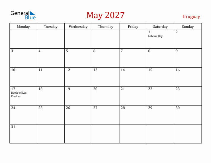 Uruguay May 2027 Calendar - Monday Start