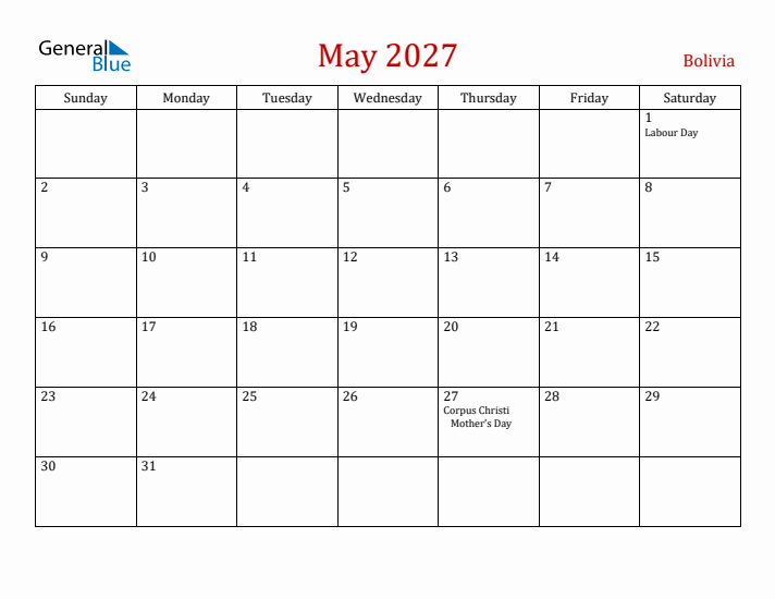 Bolivia May 2027 Calendar - Sunday Start