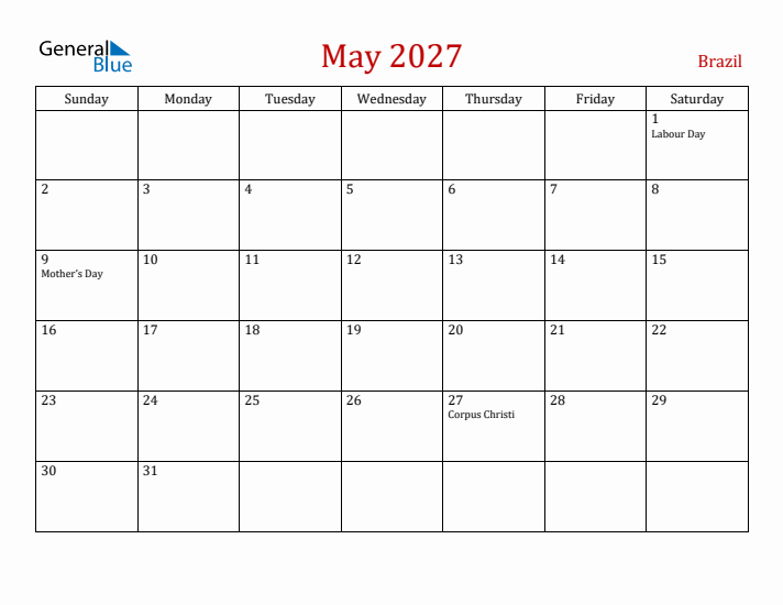 Brazil May 2027 Calendar - Sunday Start