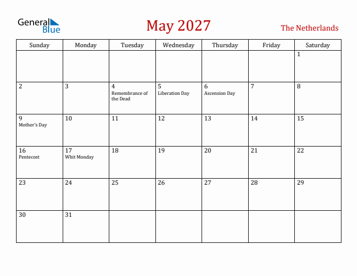 The Netherlands May 2027 Calendar - Sunday Start