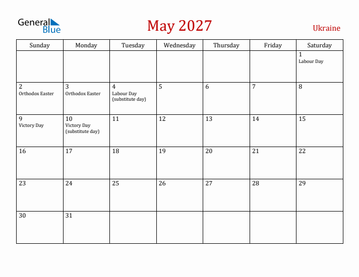 Ukraine May 2027 Calendar - Sunday Start