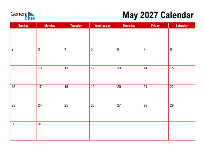 Simple Monthly Calendar - May 2027