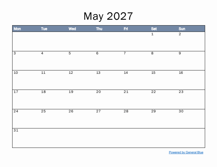 May 2027 Simple Month Calendar Template