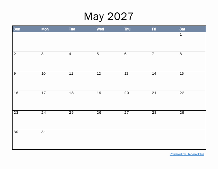 May 2027 Simple Month Calendar Template