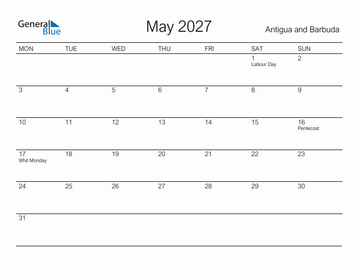 Printable May 2027 Calendar for Antigua and Barbuda