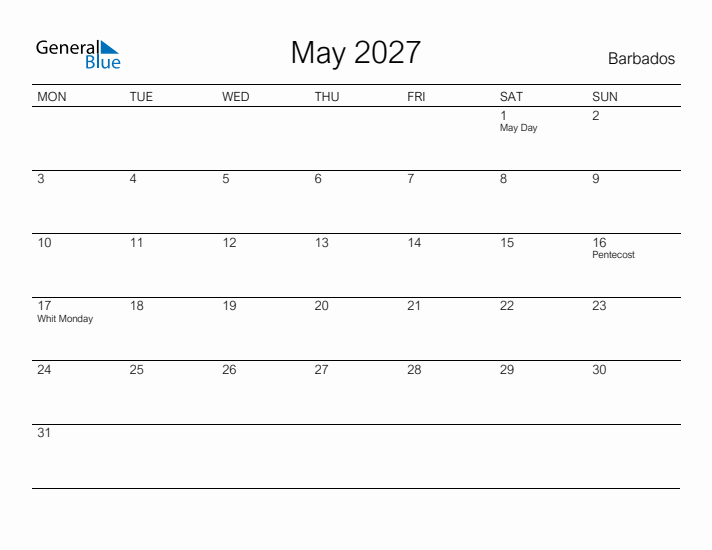 Printable May 2027 Calendar for Barbados