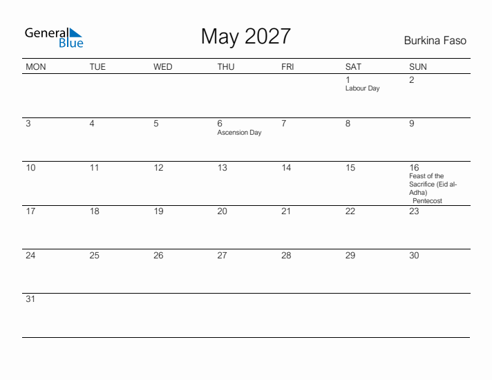 Printable May 2027 Calendar for Burkina Faso