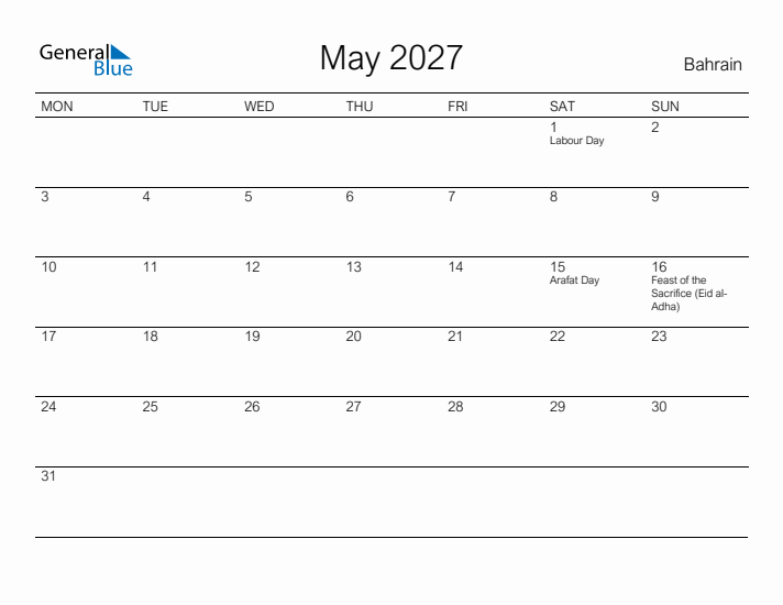 Printable May 2027 Calendar for Bahrain