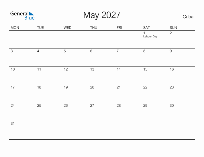 Printable May 2027 Calendar for Cuba