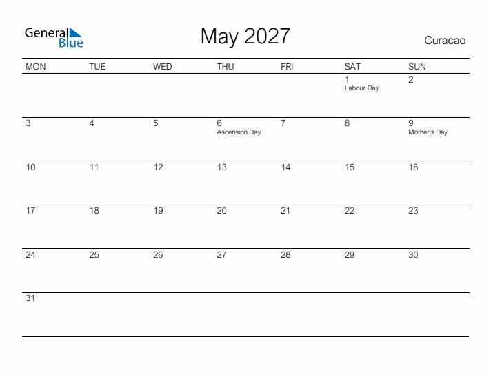 Printable May 2027 Calendar for Curacao