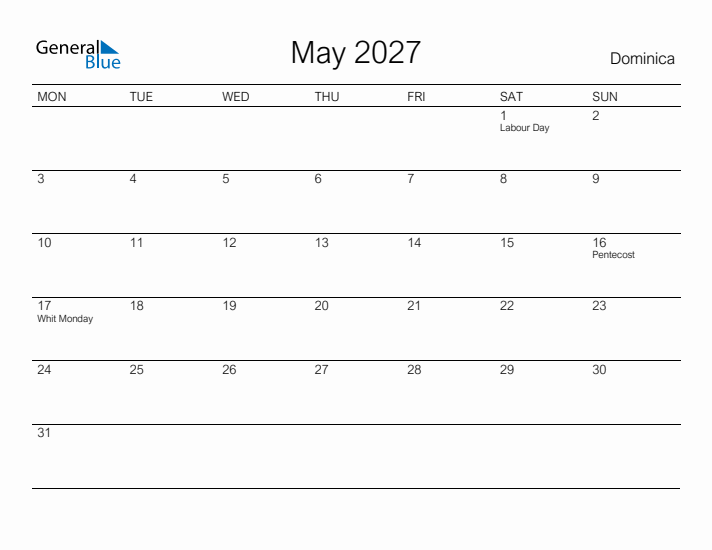 Printable May 2027 Calendar for Dominica