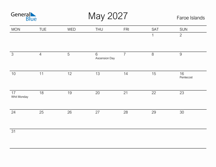 Printable May 2027 Calendar for Faroe Islands