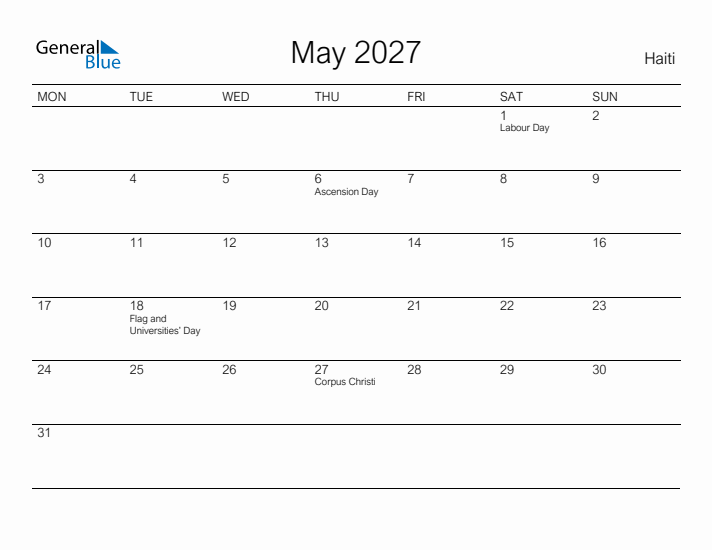 Printable May 2027 Calendar for Haiti