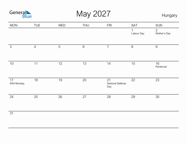 Printable May 2027 Calendar for Hungary