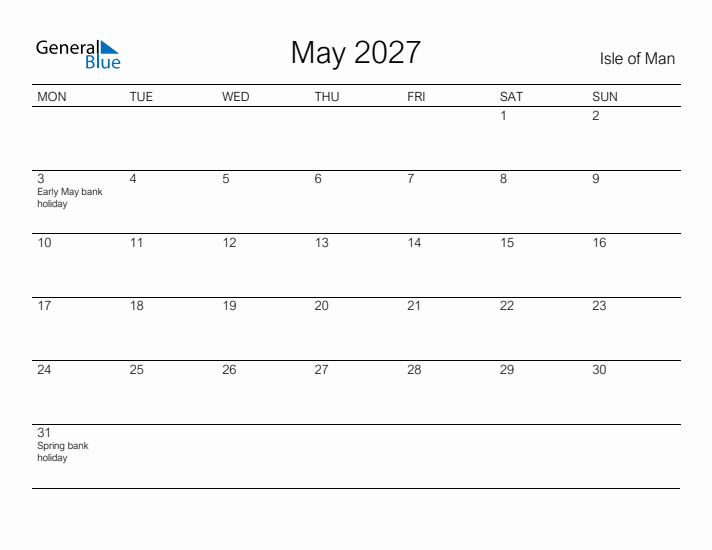 Printable May 2027 Calendar for Isle of Man