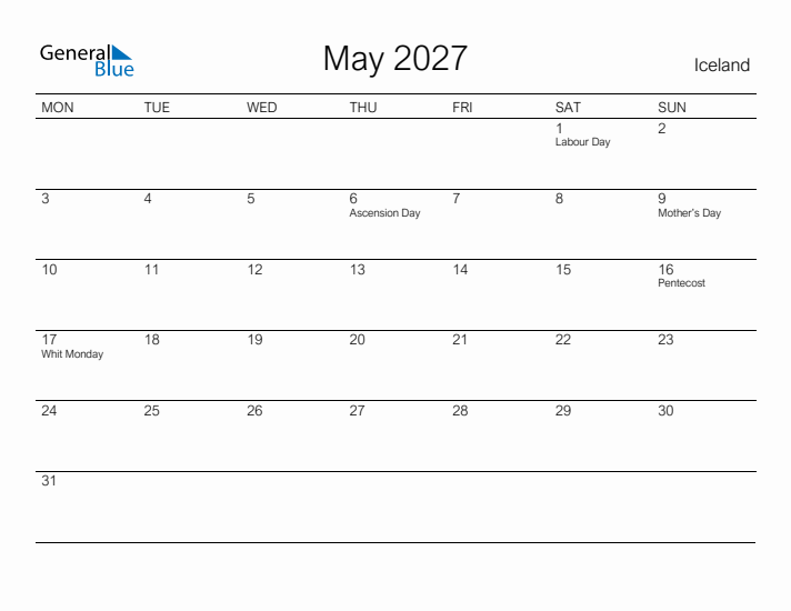 Printable May 2027 Calendar for Iceland