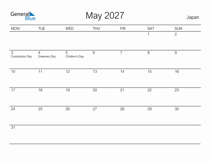 Printable May 2027 Calendar for Japan