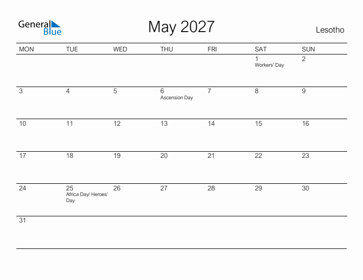 Printable May 2027 Calendar for Lesotho