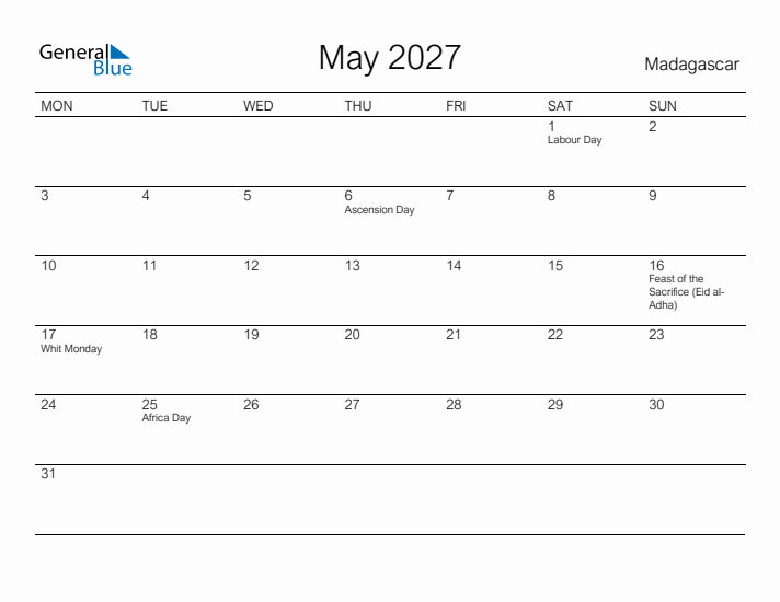 Printable May 2027 Calendar for Madagascar