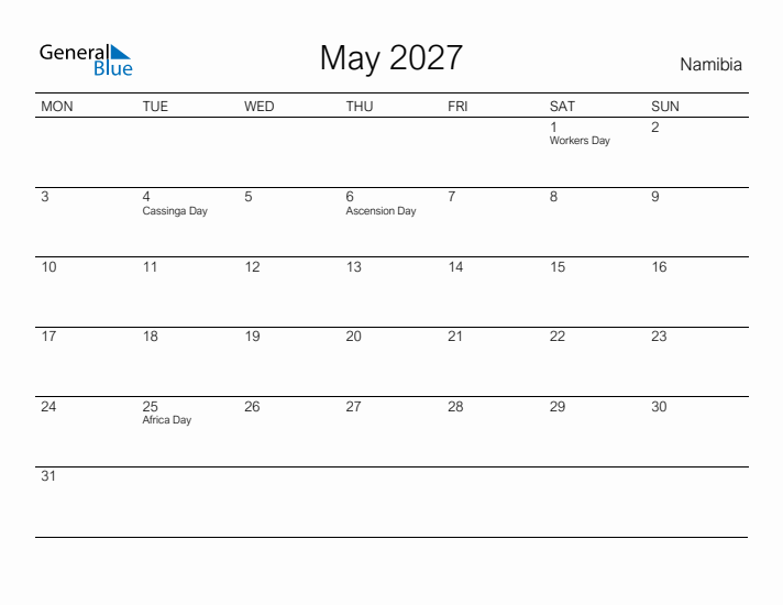 Printable May 2027 Calendar for Namibia