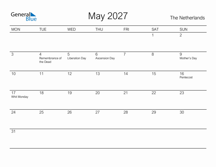 Printable May 2027 Calendar for The Netherlands