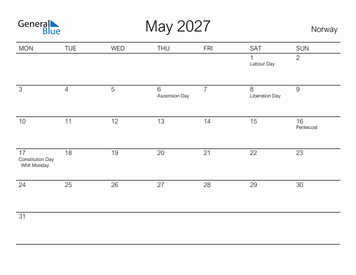 Printable May 2027 Calendar for Norway