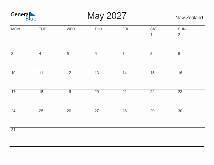 Printable May 2027 Calendar for New Zealand