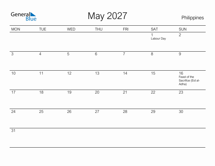 Printable May 2027 Calendar for Philippines