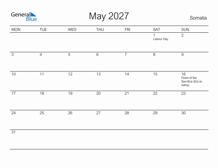 Printable May 2027 Calendar for Somalia