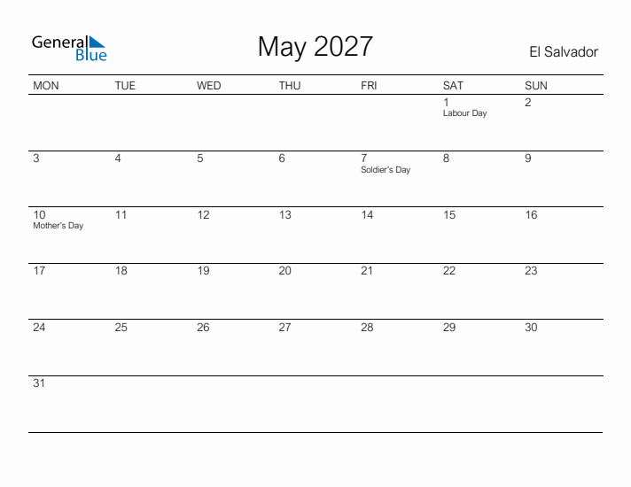 Printable May 2027 Calendar for El Salvador