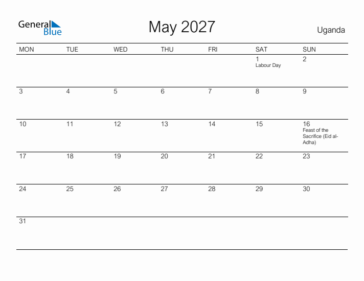 Printable May 2027 Calendar for Uganda