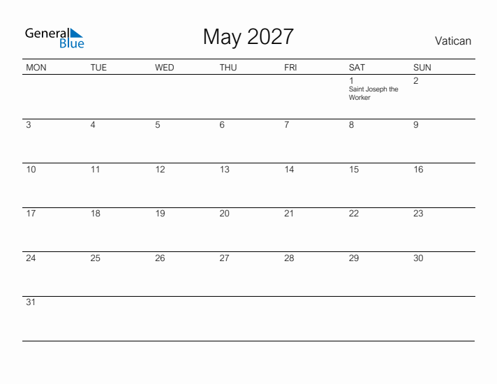 Printable May 2027 Calendar for Vatican