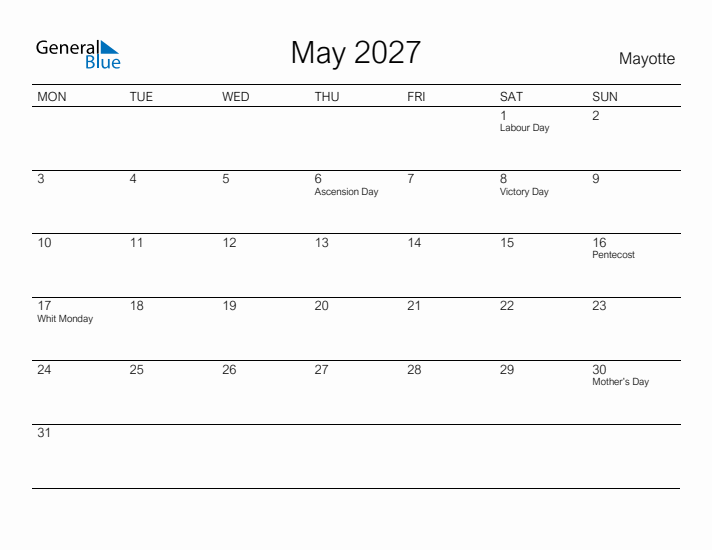 Printable May 2027 Calendar for Mayotte