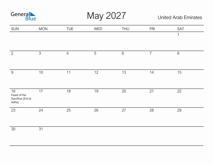 Printable May 2027 Calendar for United Arab Emirates