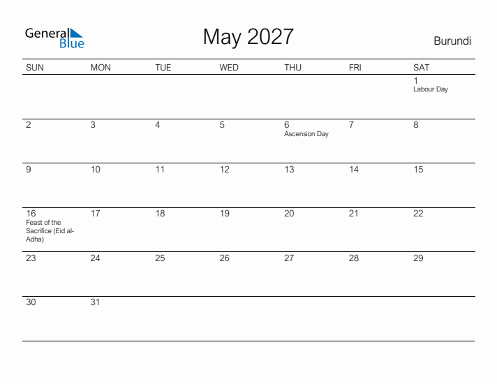 Printable May 2027 Calendar for Burundi