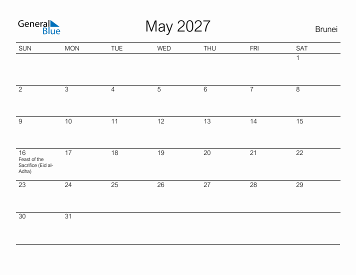 Printable May 2027 Calendar for Brunei