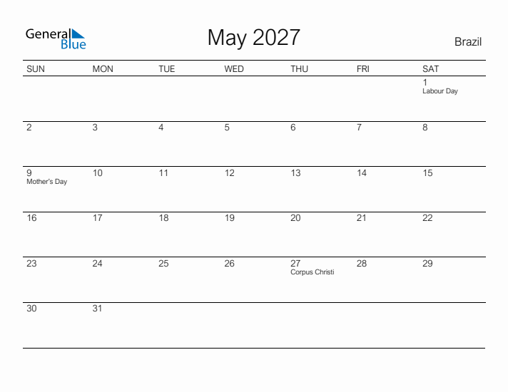 Printable May 2027 Calendar for Brazil