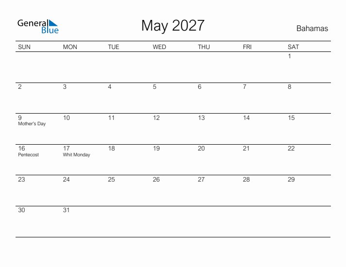 Printable May 2027 Calendar for Bahamas