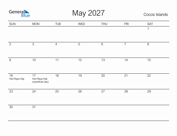 Printable May 2027 Calendar for Cocos Islands