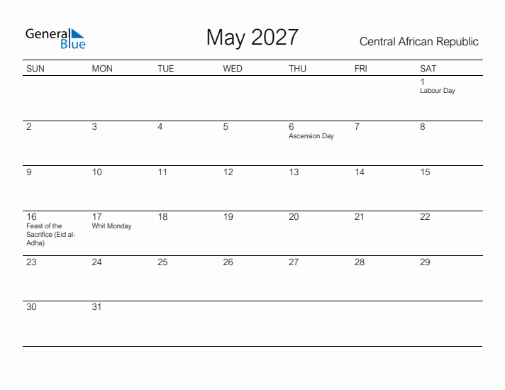 Printable May 2027 Calendar for Central African Republic