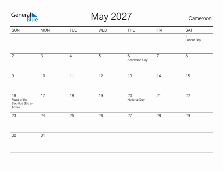 Printable May 2027 Calendar for Cameroon