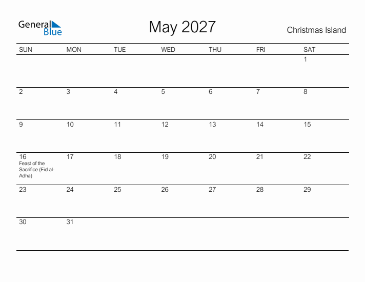 Printable May 2027 Calendar for Christmas Island