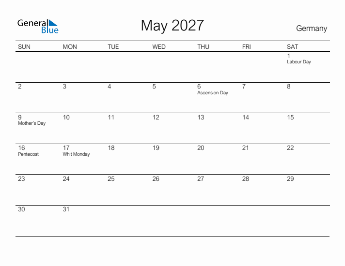 Printable May 2027 Calendar for Germany