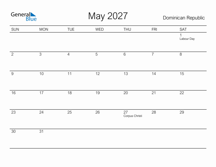 Printable May 2027 Calendar for Dominican Republic