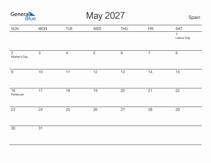 Printable May 2027 Calendar for Spain