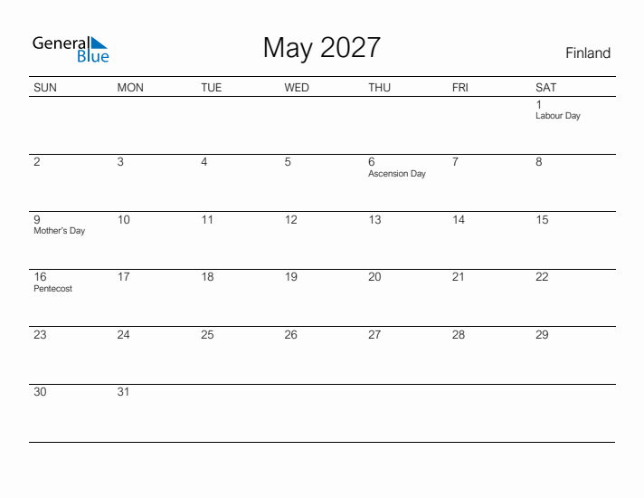 Printable May 2027 Calendar for Finland