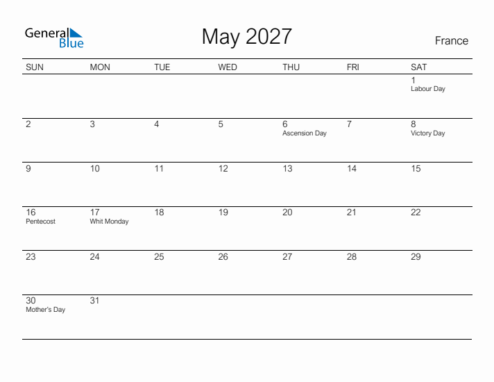 Printable May 2027 Calendar for France