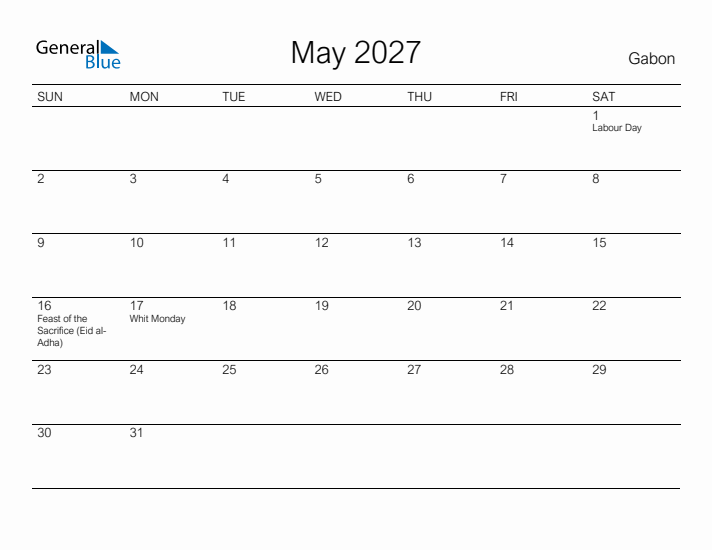 Printable May 2027 Calendar for Gabon