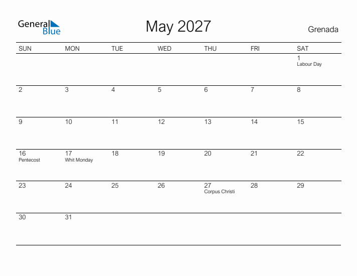 Printable May 2027 Calendar for Grenada